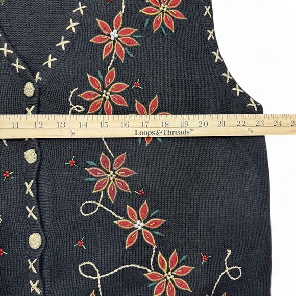 Vintage Bobbie Brooks XL Poinsettia Holiday Sweater Vest Grandmacore Beaded - Picture 6 of 7
